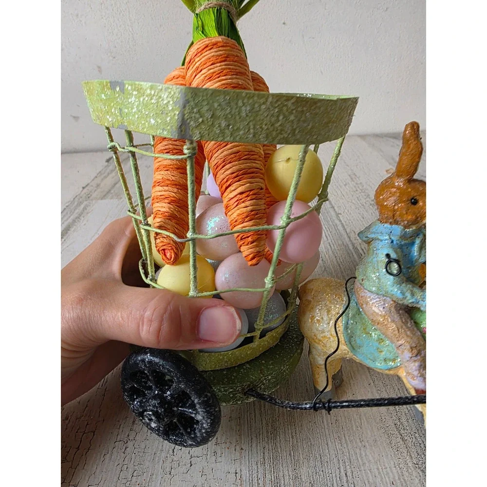 Vintage Easter Bunny cart jointed glitter crackle statue figurine rabbit